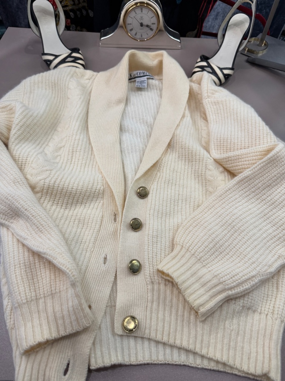 Classic Cream Shawl-Collar Cardigan Sweater